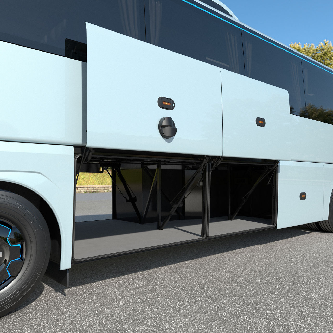 Depiction of an open luggage compartment on the side of the MAN Lion’s Coach E